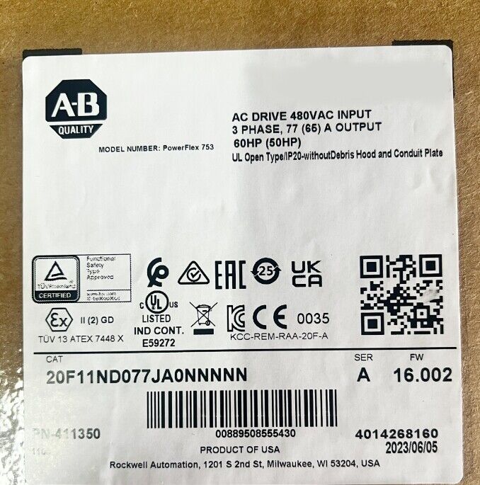 Allen-Bradley 20F11ND077JA0NNNNNNN PowerFlex 753 AC Drive 480V 77A 60HP, Serie A