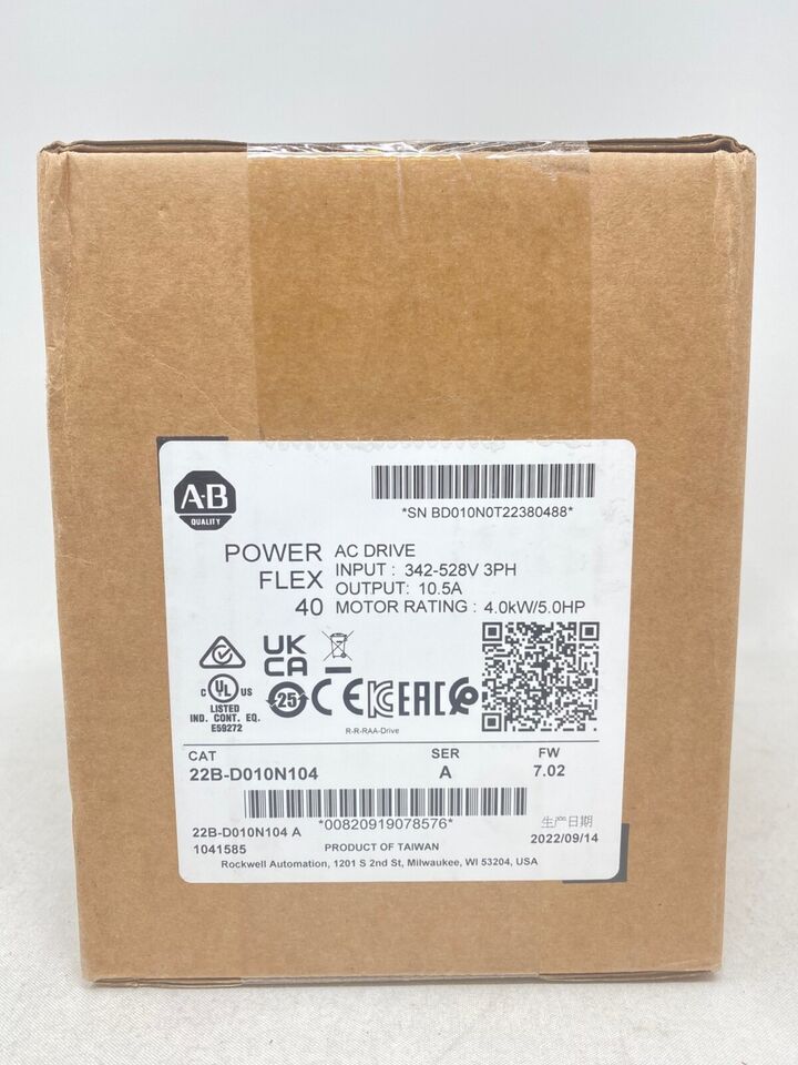 Allen-Bradley 22B-D010N104 PowerFlex 40 AC Antrieb 480VAC 3-Phasen 10A 4kW 5HP IP20