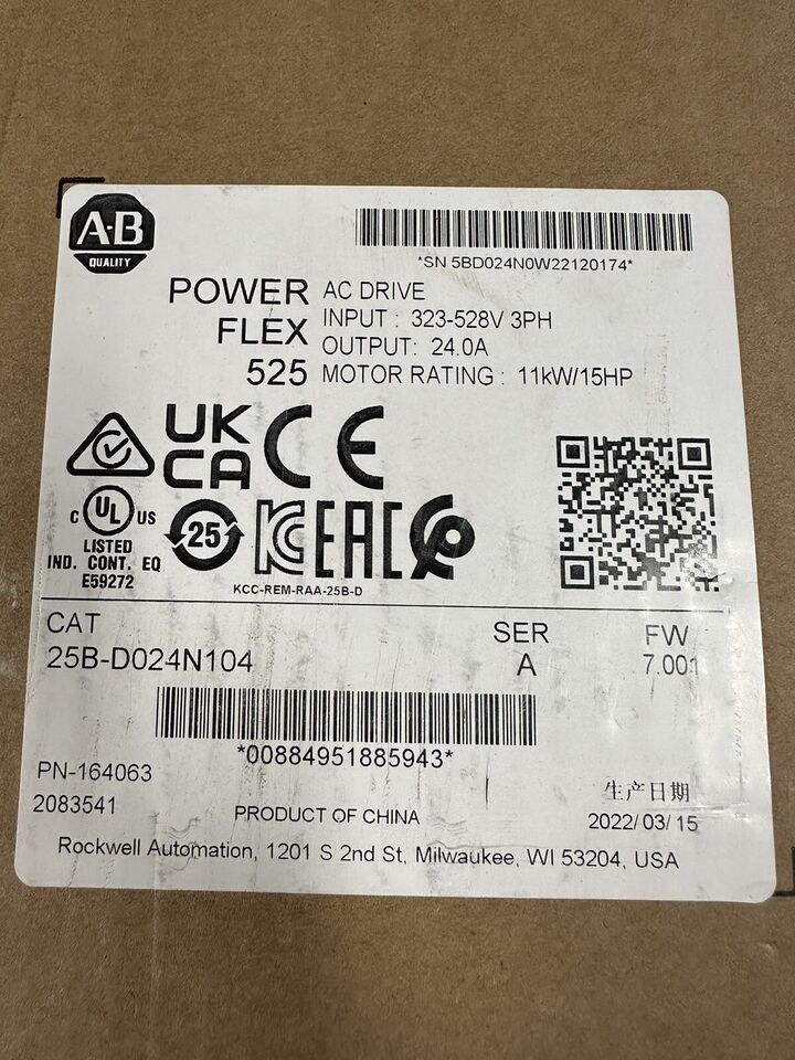 Allen-Bradley 25B-D024N104 PowerFlex 525 AC Drive 480V/24A/15HP, Serie A