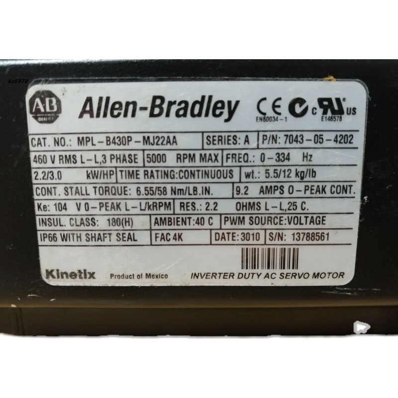Allen Bradley MPL-B430P-MJ22AA Servomotor AC Kinetix 7043-05-4202