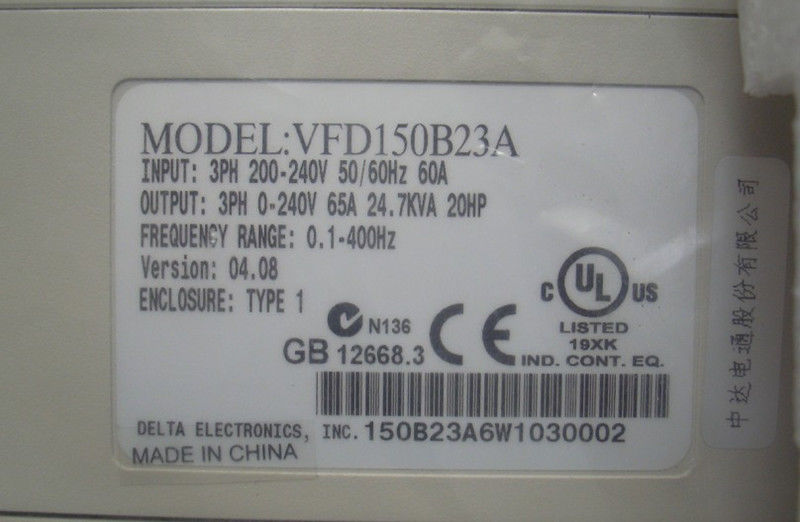 VFD150B23A DELTA VFD Inverter Frequency converter 15kw 20HP 3 PHASE 220V